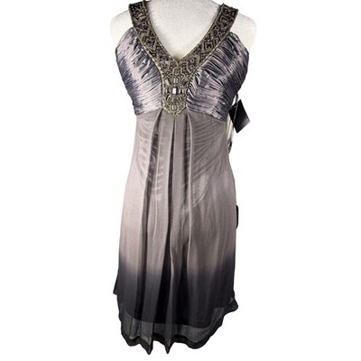 Sue Wong Nocturne Beaded Silk Ombre CocktailDress Charcoal Black Size 6 Y2K