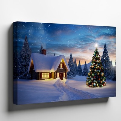 Cozy Snow Covered Cottage Nestled Among Tall Evergreen Trees Wall Art Home Decor