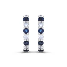 14K White Gold Blue Sapphire & Diamond Hoop Earrings for Women
