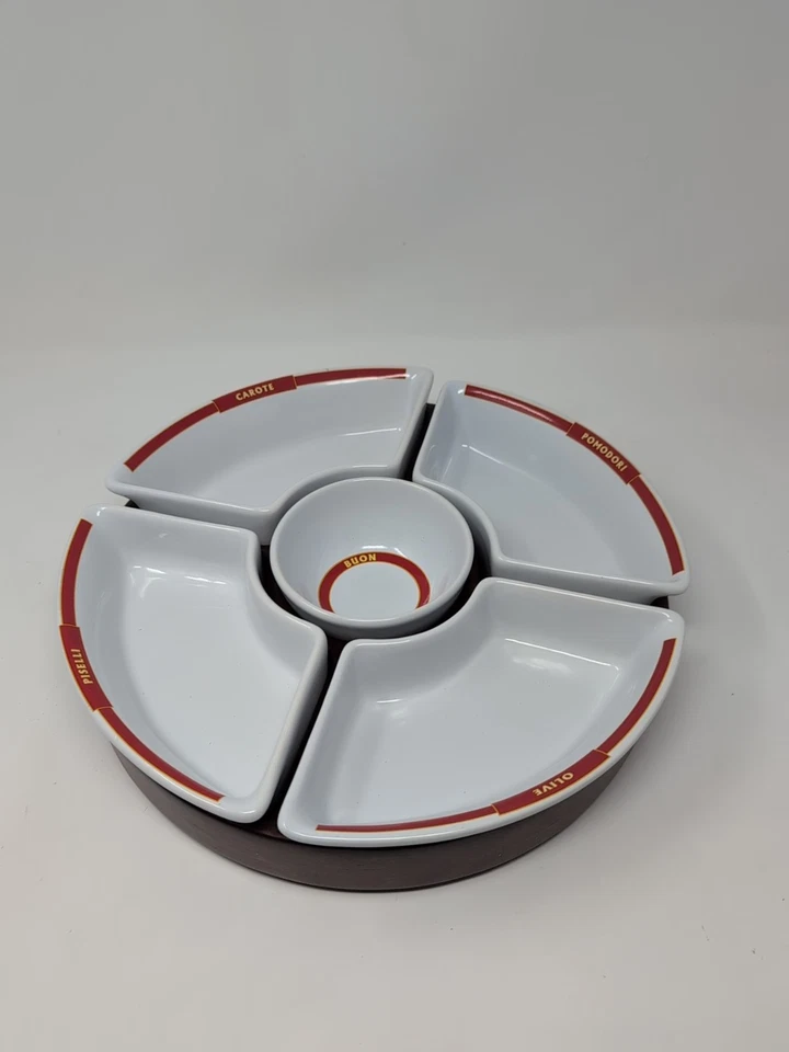 Pottery Barn Pasta Rustica Condiment Carousel Lazy Susan Wood Porcelain Tray - Image 4 of 4