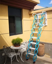 Wall Mounted Blue Folding Ladder Loft Stairs Attic Al-Mg Alloy Mat 14 Steps 11ft