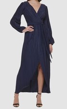 Guess Women's Blue Pleated Surplice Long-Sleeve Self-Tie Maxi Dress Size 14