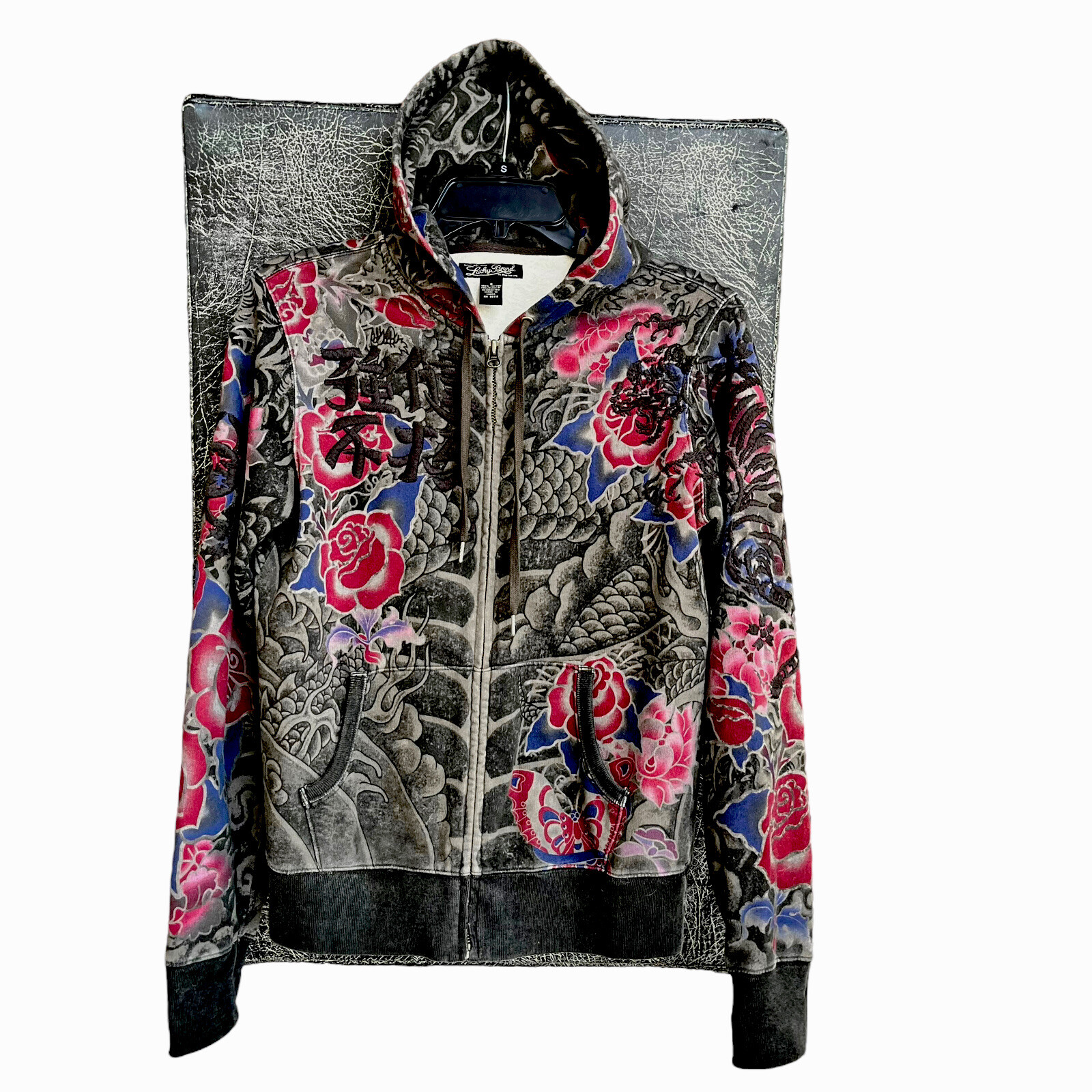Lucky Brand RARE VINTAGE Asian Embroidery Hoodie w/Factory Distress* Size SMALL