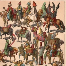 TARTAR WARRIORS - Equipment Transport Camel Horse  1884 Antique Chromolithograph