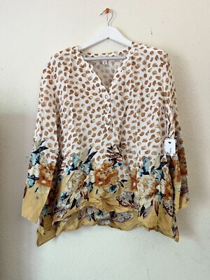 Tribal Jeans Womens Leopard Floral Print Button Tunic Top XXL Casual New