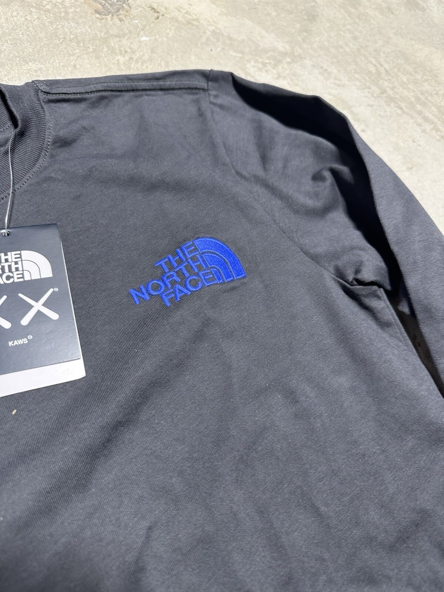 【レア・新品】THE NORTH FACE X KAWS LONG SLEEVE KAWS x THE NORTH FACE x LOGO BLUE EMBROIDERED LS GREY T