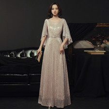 V-Neck Floor-Length Dresses Woman Party Night A-LINE Dress Sequin Evening Dress