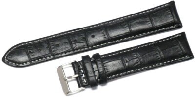 Watch Band Black Genuine Leather Alligator Grain White Stitchs 18,20,22,24mm XXL
