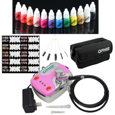 #ad New OPHIR 12x Nail Inks Airbrushing 0.3mm Airbrush Kit with Compressor Nail Set $89.99
