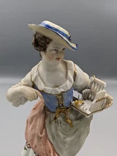 1900s Antique German KPM Berlin Scepter Mark Girl W Bird Porcelain Figurine 6"