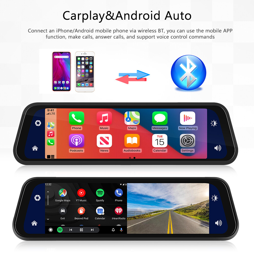Autoradio 2K 9.66" Wireless Carplay Android Auto Specchio Retrovisore DVR Doppia Fotocamera Auto foto 3
