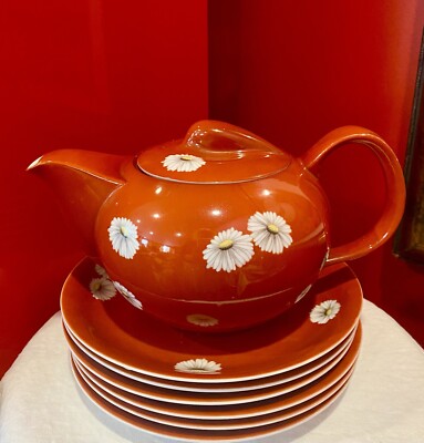 21-PC NORITAKE Nippon Toki Kaisha Sunset Red CHRYSANTHEMUM TEA SET Vtg 50s 