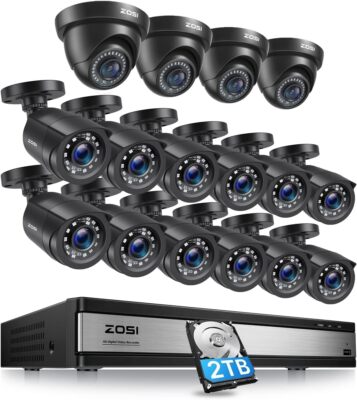 ZOSI H.265+16CH 2TB HDD 16PK 1080P Full HD Outdoor Security Cameras System 80ft
