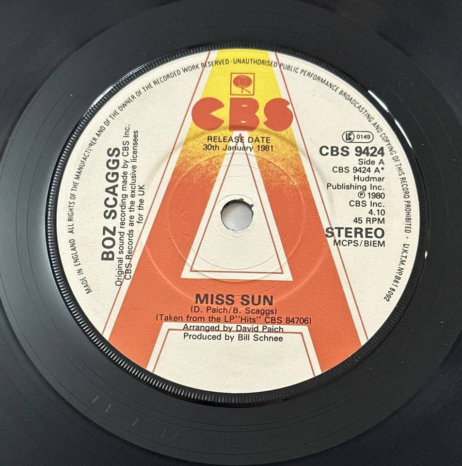 PROMO - Miss Sun Boz Scaggs 7" vinyl single record UK CBS9424 CBS 1981 VG+ - Image 3 of 4
