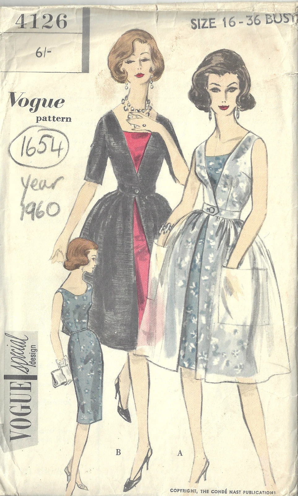 1960 Vintage VOGUE Sewing Pattern B36" DRESS & REDINGOTE (1654)