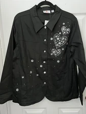 Quacker Factory Jeanne Jacket Sparkle & Shine Heart Motif  BLACK Size L NEW!