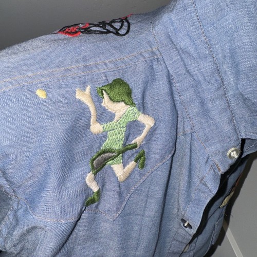 Vtg 70s Wrangler Sanforized Chambray Shirt Pearl Snap Embroidered Sports RARE - Picture 8 of 16