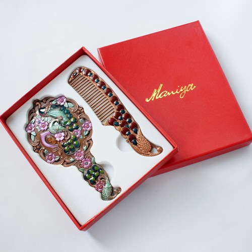Colorful Enameled Peacock Pattern Cosmetic Hand Held Mirror Comb Set - Picture 11 of 13
