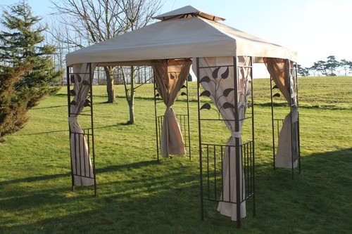 2.5M Square Garden Gazebo-Strong Steel Frame- Polyester Beige Cover & Curtains - Picture 2 of 4