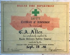 Dallas Fire Department 1955 Drivers Safety Training Certificate TX Texas Allen