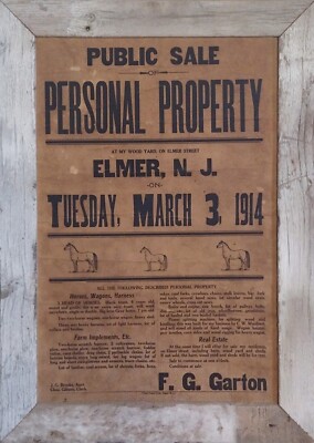1914 Elmer, NJ Public Sale Personal Property Advertising Broadside Poster Garton