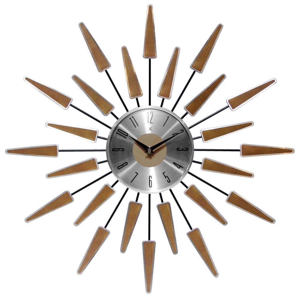 Infinity Instruments Wall Clock Sunburst Shape Non-ticking Glass Face in Walnut