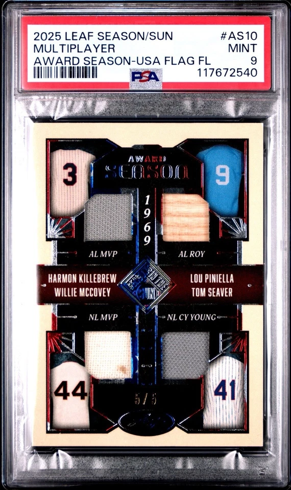 PSA 9 BOOKEND 5/5 1969 Premio Temporada Killebrew Piniella McCovey Seaver Cuádruple Reliquia Foto 2 de 3