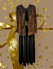 JESSICA HOWARD Black Gold SPARKLE 2 Piece MAXI Dress & Jacket STRETCH Women's 6