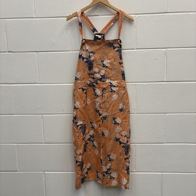 White Stuff Yuki Leinen Trägerkleid UK 18 orange Blumen Midi Latzkleid