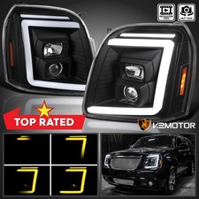 Fits Black 2007-2014 Gmc Yukon Xl Denali Sequential Led Bar Projector Headlights