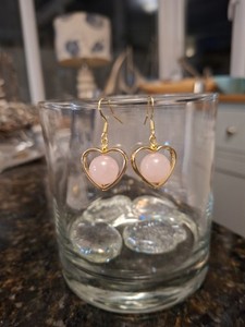 Authentic Pink Rose Quartz Gold Plated Heart Earrings. 18K Gold Plated Hooks.
