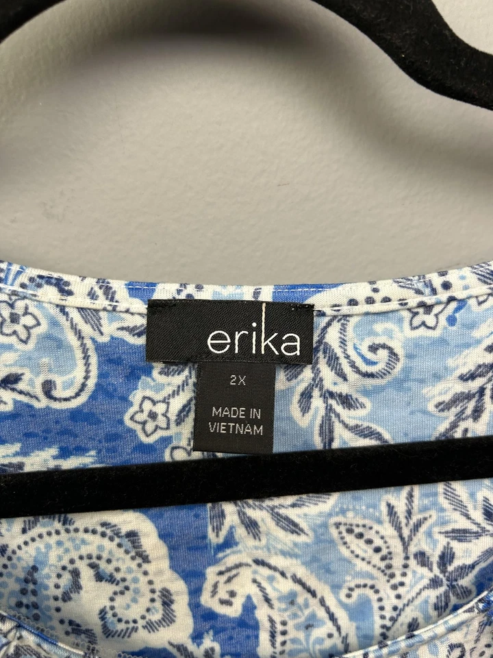 Camisa Erika Mujer 2X Azul Blanco Estampado Paisley Túnica Manga 3/4 Adornada Top Foto 4 de 4