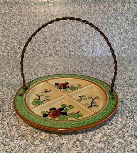 1920's Divided Ceramic Hors D'oeuvres Plate w/Wire Handle 8.25" - Made in Japan