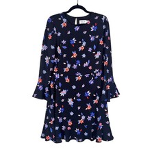Eliza J Blue Floral Bell Sleeve Mini Dress Womens 10 Fall Casual Long Sleeve
