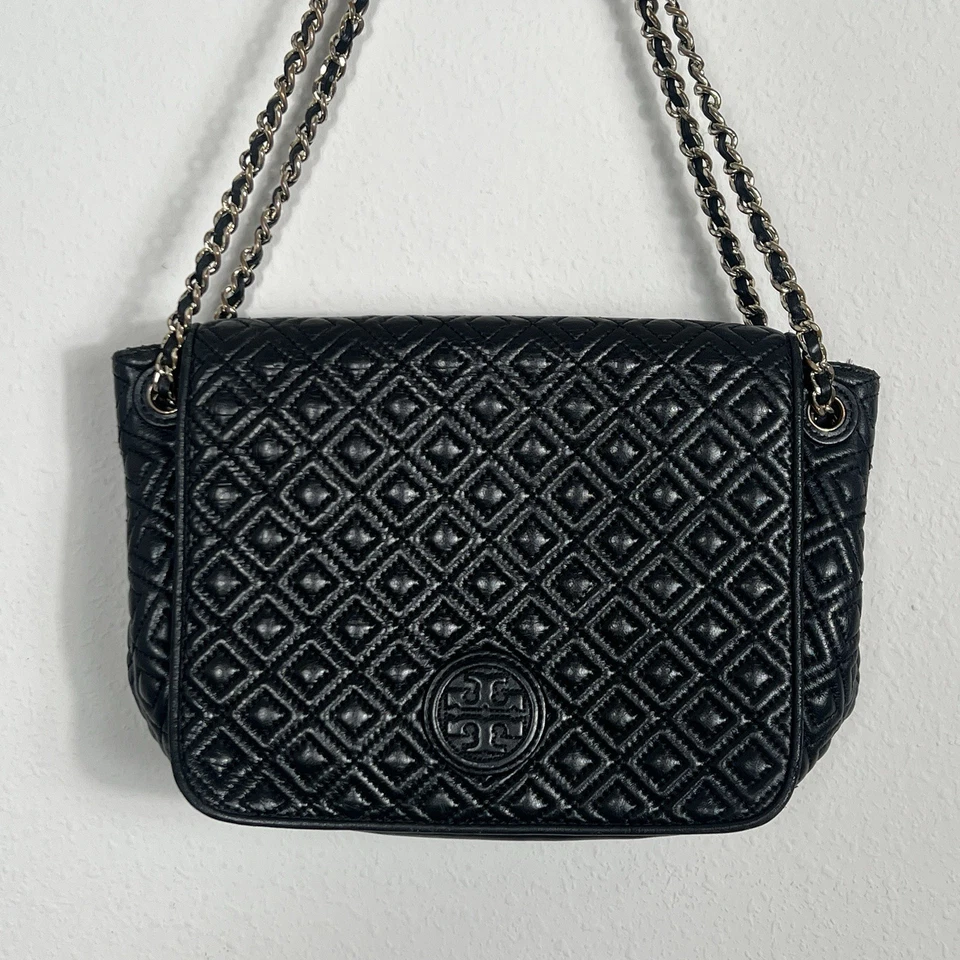 Bolso de Hombro Tory Burch Negro Acolchado Cuero Marion Solapa Cadena Foto 2 de 4