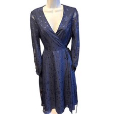 Lulus Blue Floral Burnout Wrap Dress Women Long Sleeve Midi Tie Waist Small