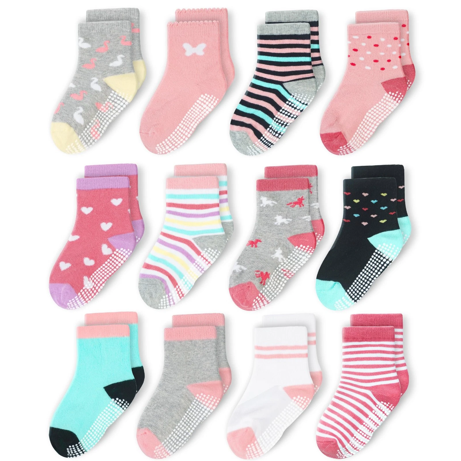 CozyWay Toddler Socks with Grippers - Grippy Cotton Pink / Gray Multicolor