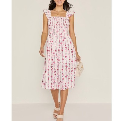 FRANCESCA'S Marry Ruffle White Pink Floral Midi Cotton Dress Lined Medium NEW