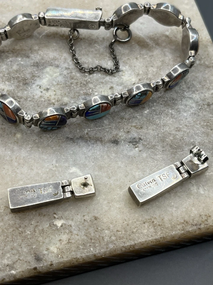Raro Conjunto CALVIN BEGAY TSF Navajo Multi Piedras Preciosas Panel Redondo Pulsera y Pendientes Foto 3 de 4