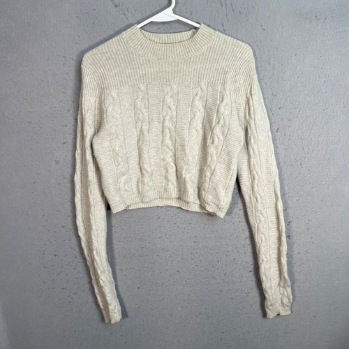 Club Monaco Womens Medium Cream Cable Knit Cropped Sweater Merino Wool Blend