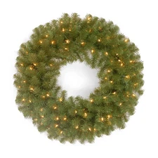 Pre Lit Artificial Christmas Wreath Green North Valley Spruce White Lights