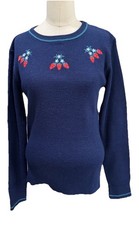 Vintage Navy Blue Embroidered Strawberry Sweater Crewneck S/M Cottagecore