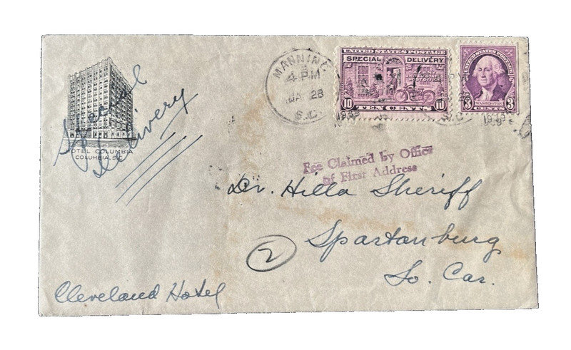 SC E12-720  MANNING SC HOTEL COLUMBIA SPECIAL DELIVERY POSTAL HISTORY COVER 1939
