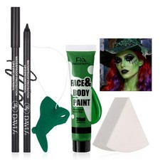 Halloween Witch Makeup Kit Green Face Paint Fake Nose SFX Costume Set