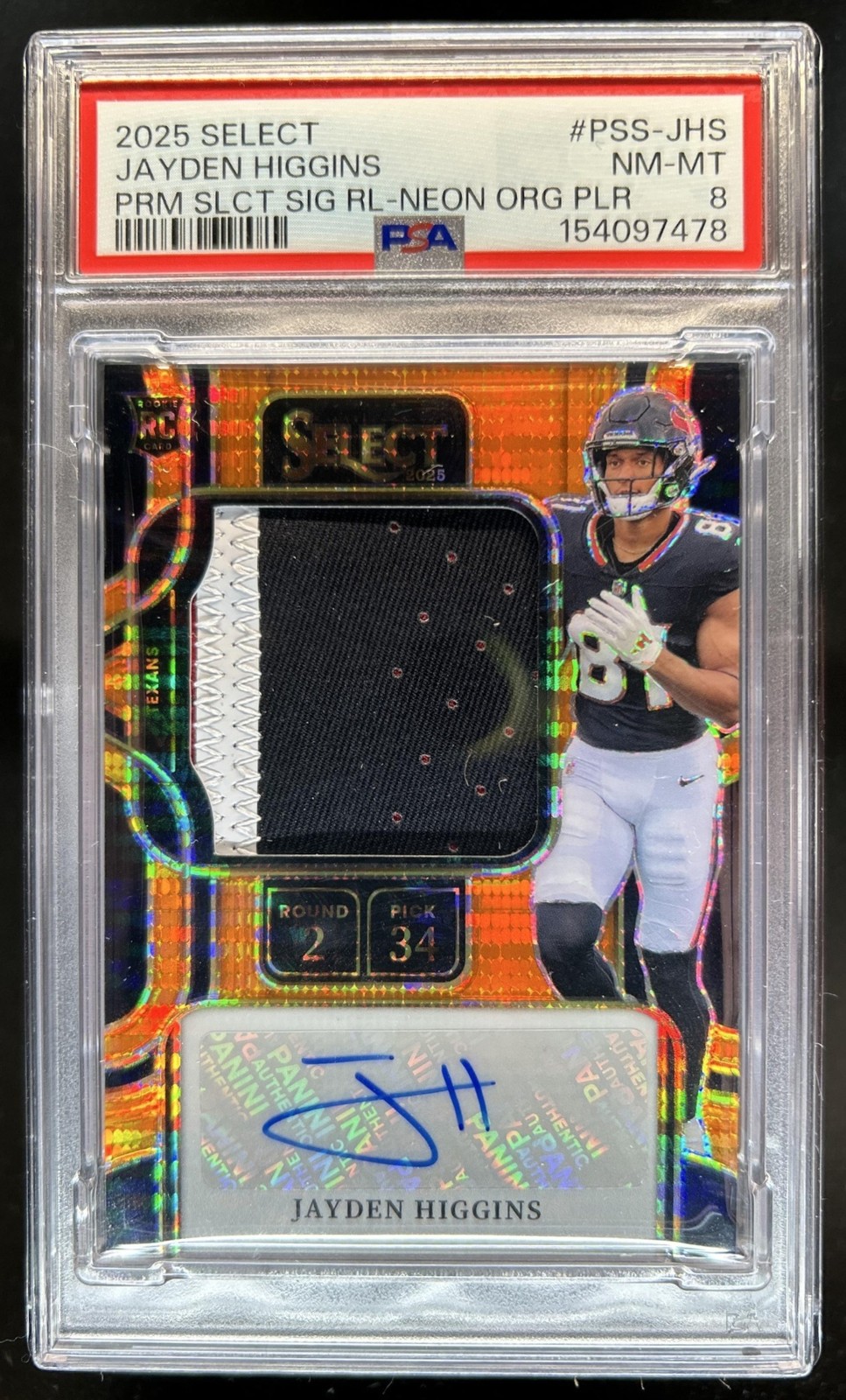 Jayden Higgins Panini Select Prime Selection Signatures Relics #PSSJHS Neon Orange Pulsar