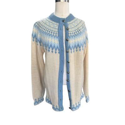 Vintage Handmade Denmark Wool Fair Isle Cardigan Sweater Cream Blue