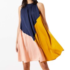 LOFT Colorblock Halter Swing Dress Size XS Navy Gold Peachy-Pink Light & Flowy