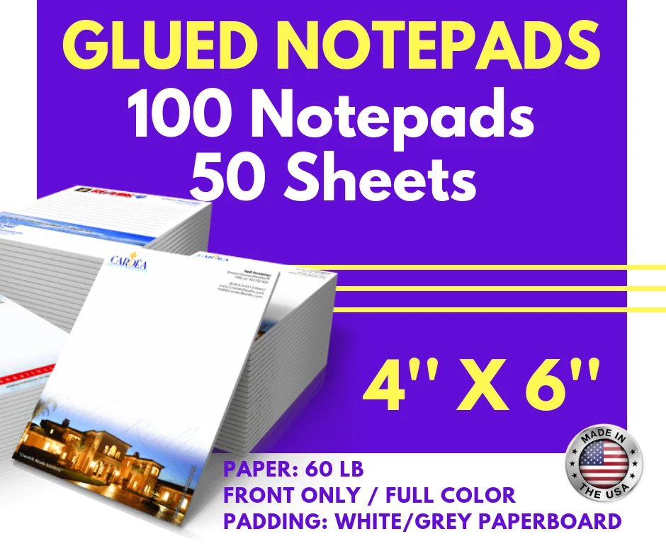 4x6 Custom Print 100 Pads-50 Sheets Personalized Glued Edge Padding Memo Notepad - Image 1 of 1