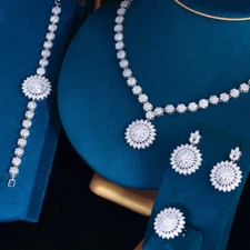 Flower Round Necklace Earring Bracelet Ring Cubic Zircon CZ Costume Jewelry Set