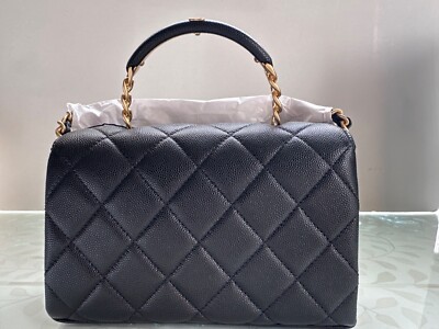 New 23S CHANEL Classic Top Handle Flap Black Caviar Leather Gold
